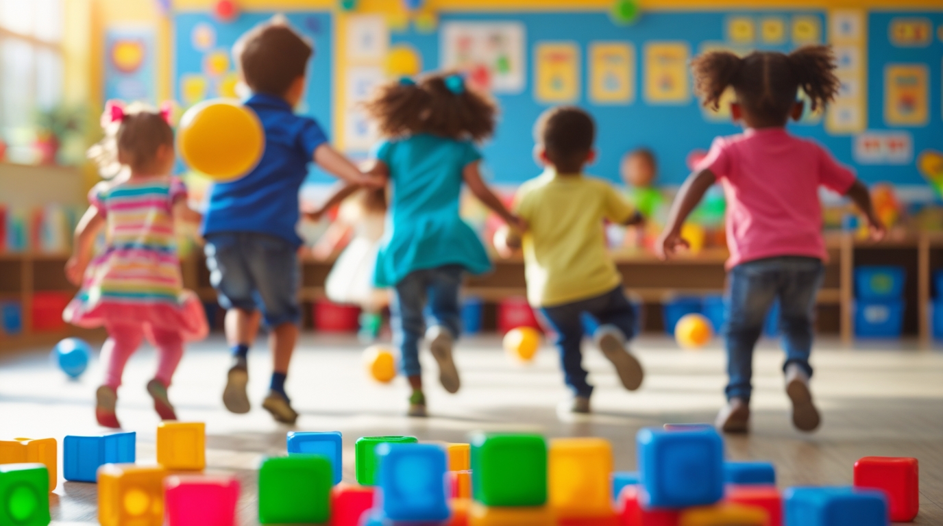 Children playing happily in a kindergarten