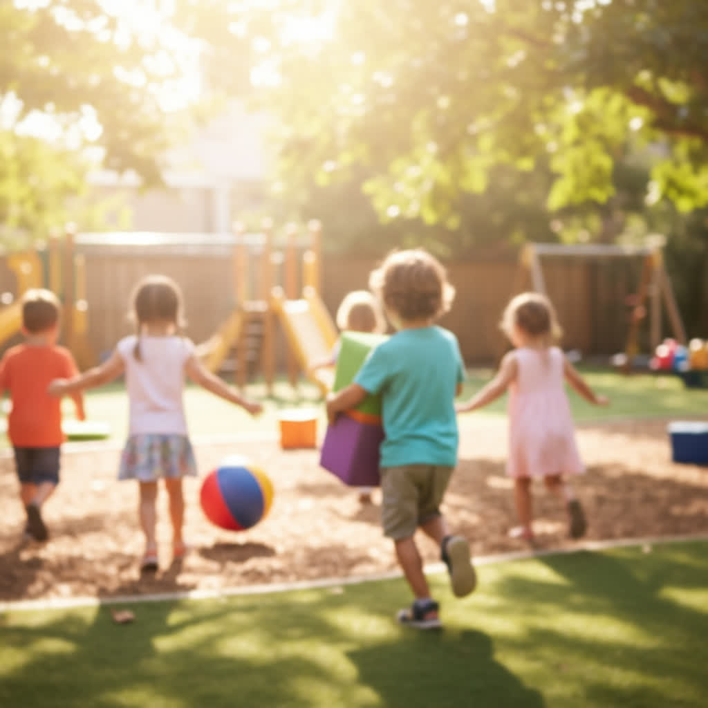 Children playing happily in a sunny kindergarten playground